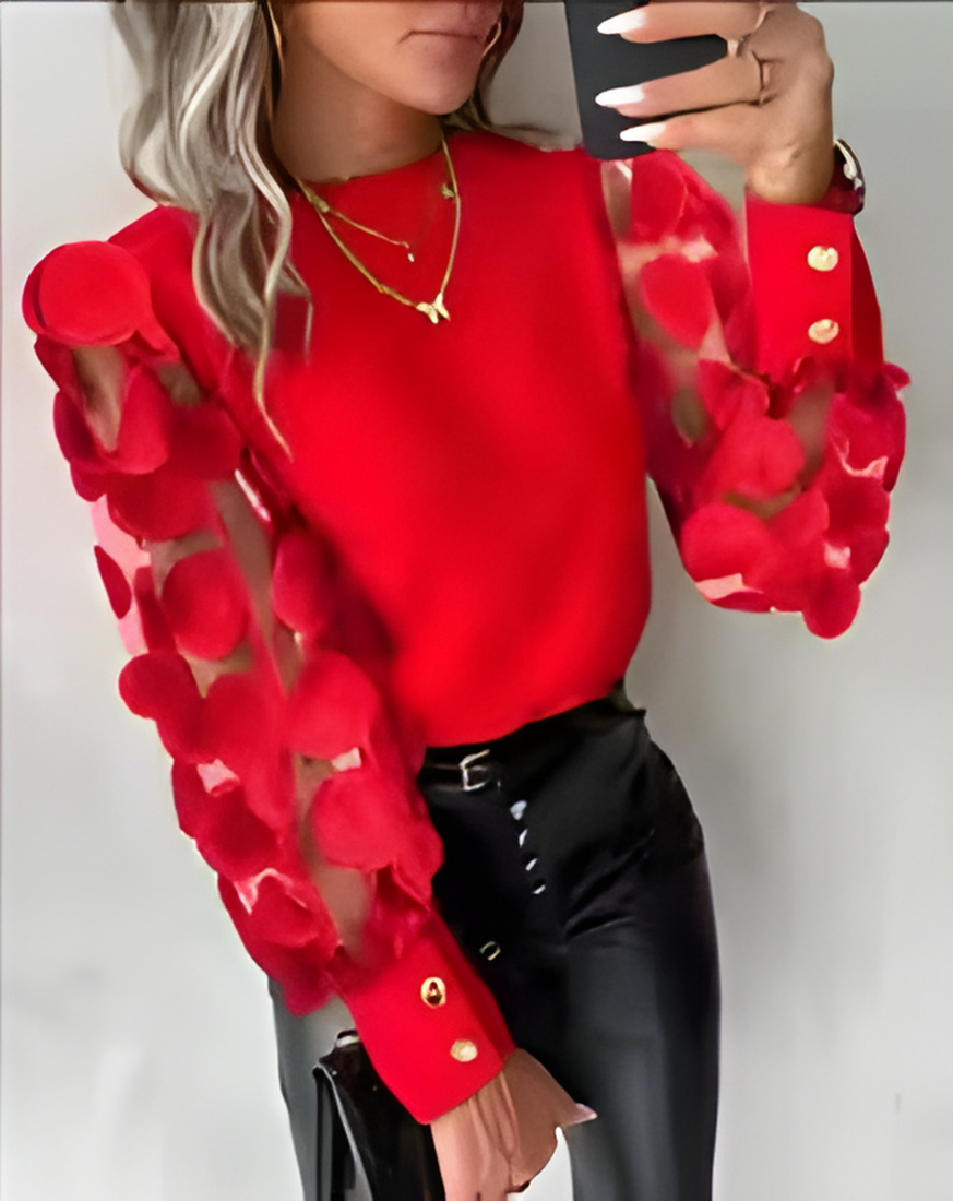 Elegant Women Floral Blouse Long Sleeve Sheer Sleeve Casual Top
