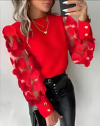 Elegant Women Floral Blouse Long Sleeve Sheer Sleeve Casual Top