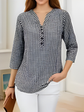 Plus Size Women Plaid Blouse V-Neck Long Sleeve Casual Shirt