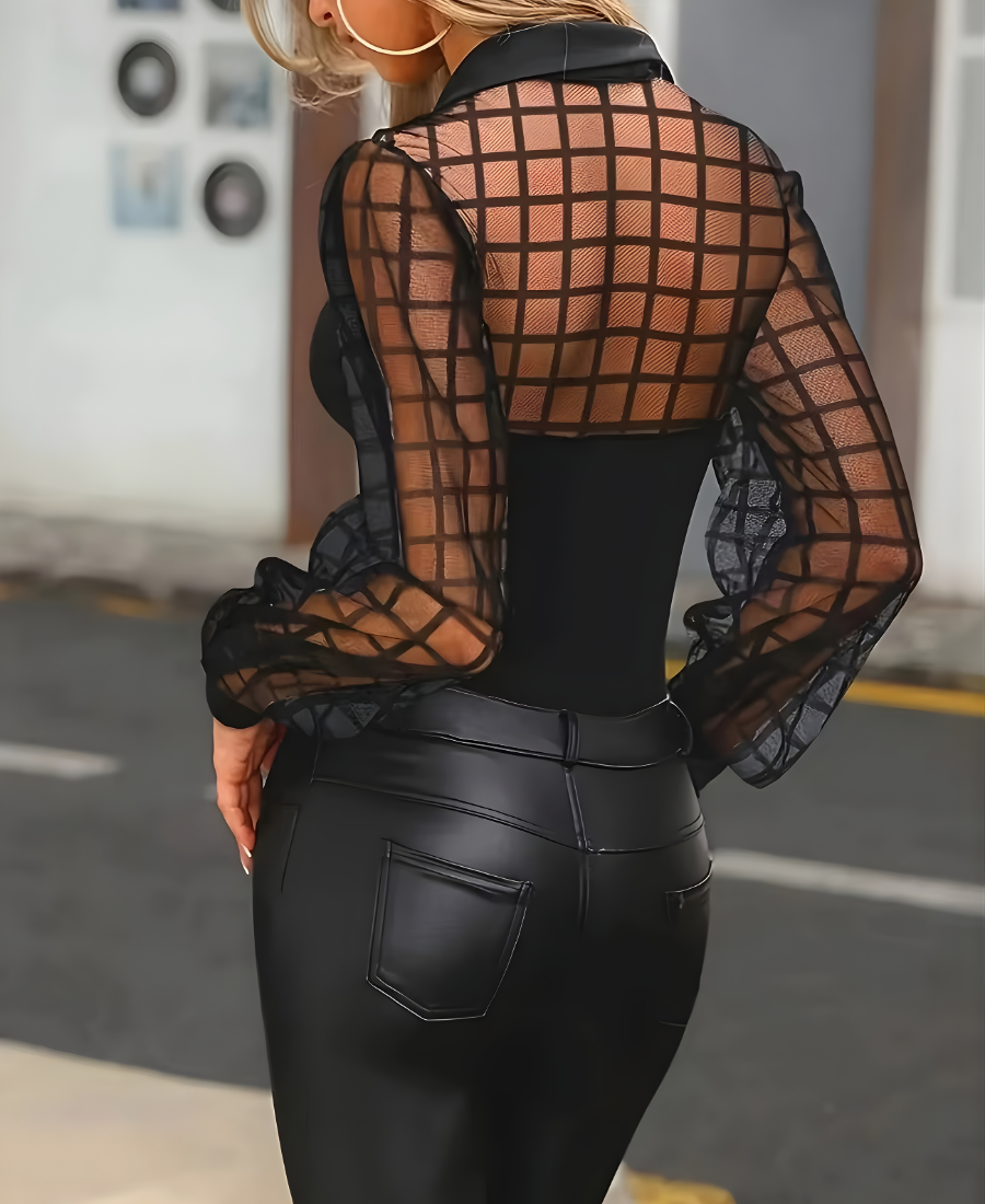 Ladies' fashionable temperament elegant lapel mesh splicing long sleeved shirt t-shirt