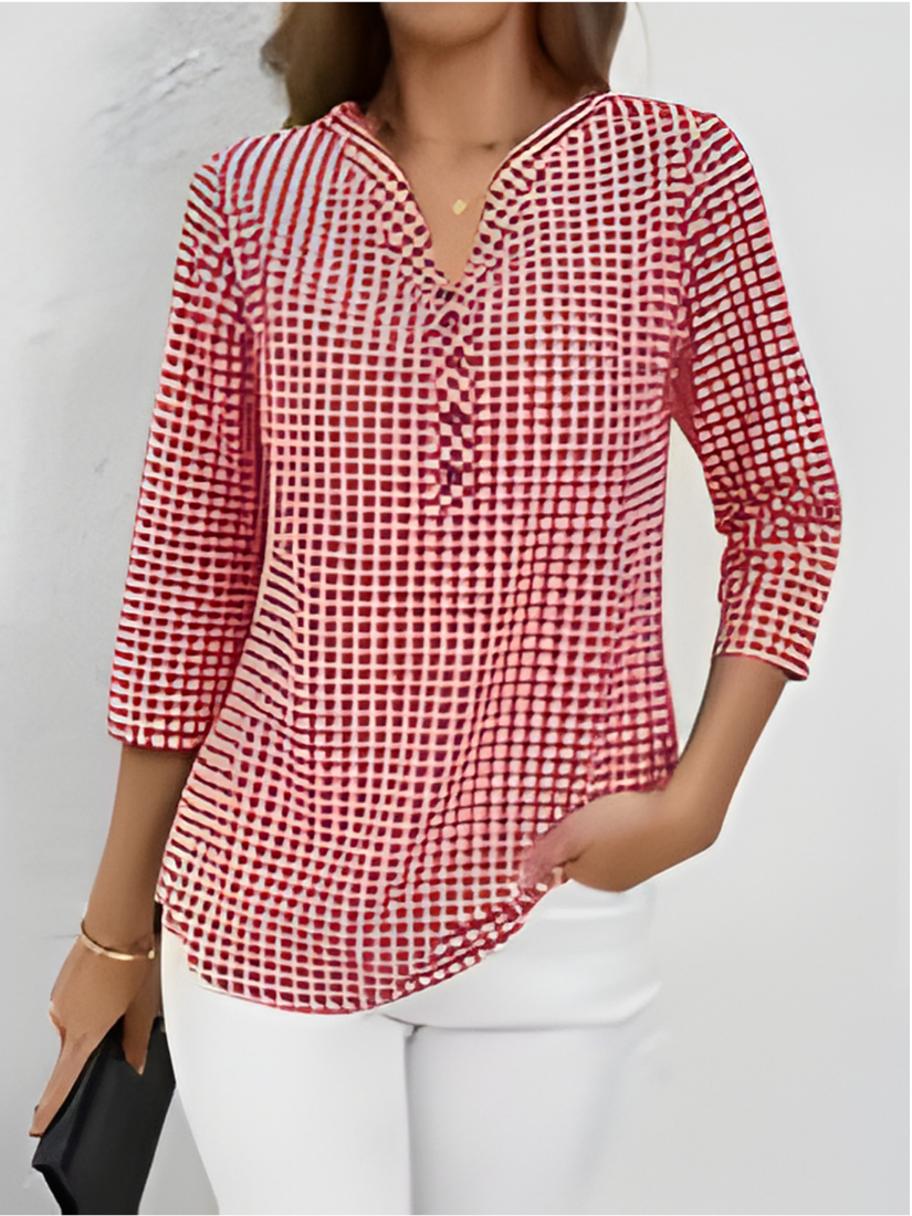 Plus Size Women Plaid Blouse V-Neck Long Sleeve Casual Shirt