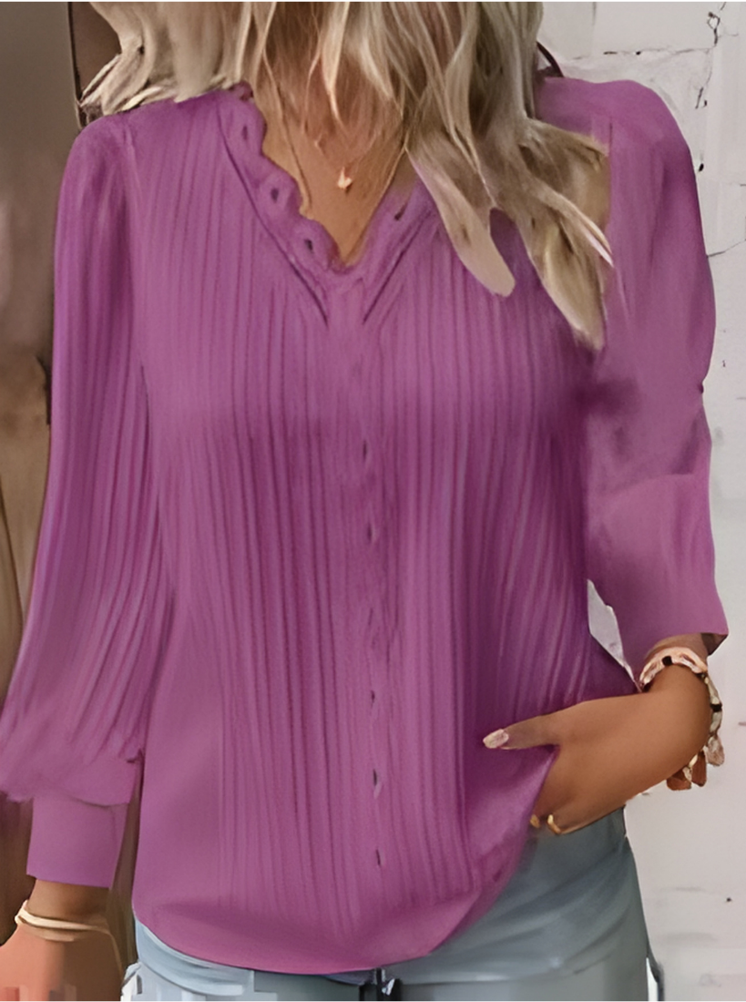 Elegant Women V-Neck Lace Patchwork Blouse Long Sleeve Casual Top