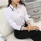 Women White Office Shirt – Long Sleeve Korean Style Blouse Slim Fit Elegant Work Top