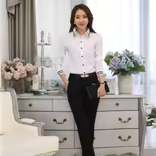 Women White Office Shirt – Long Sleeve Korean Style Blouse Slim Fit Elegant Work Top